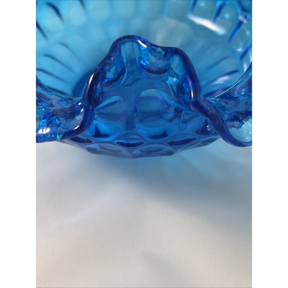 VTG FENTON Colonial Blue Thumbprint DBL Ruffle Basket Candy Dish 8"x7" - Picture 4 of 8